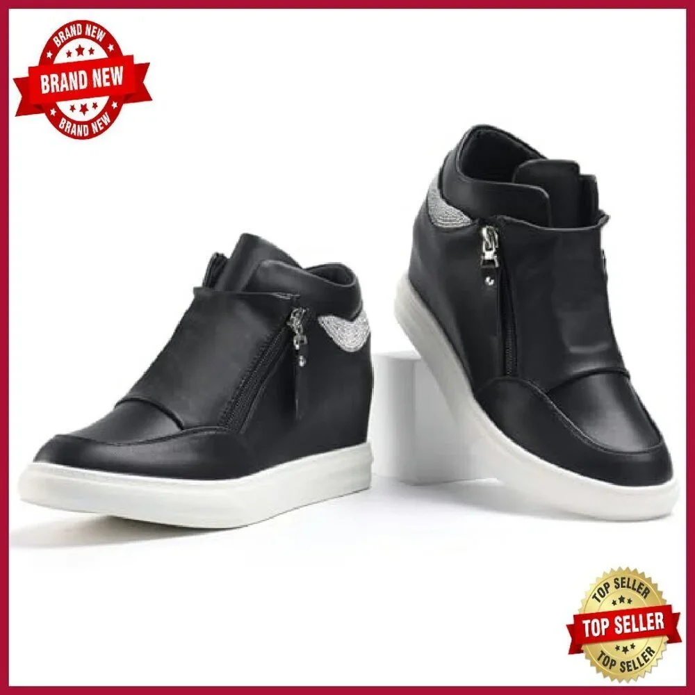 Women's Platform Sneakers Hidden Wedge Heel High Top PU Leather